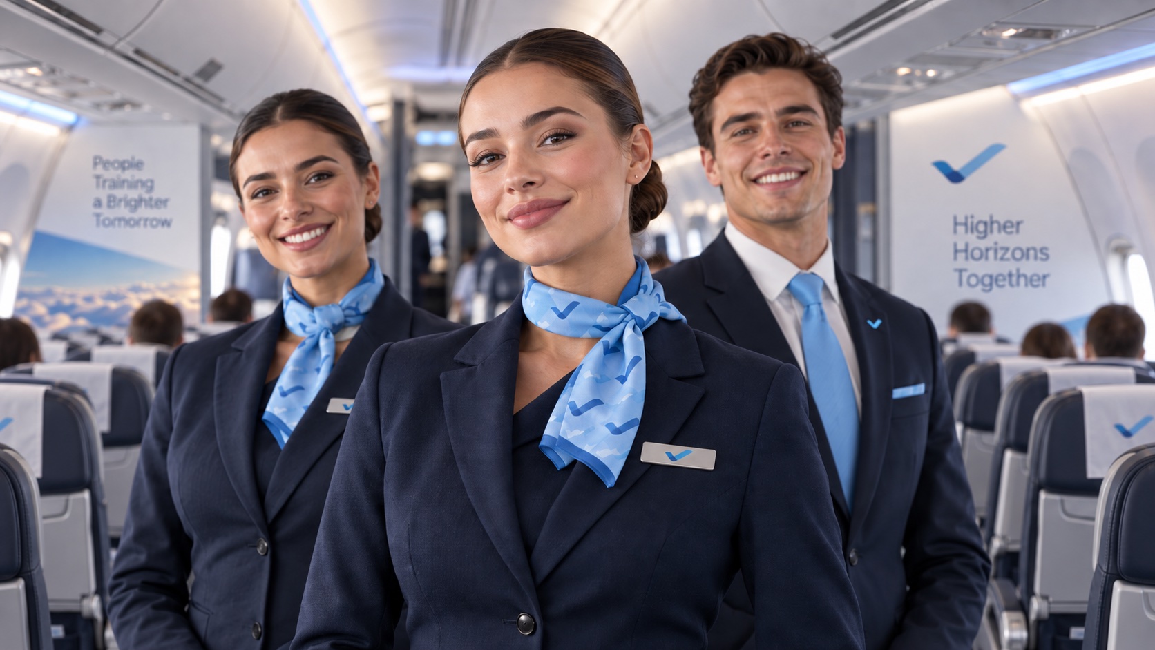 Illustration : équipage de cabine en uniforme dans l'allée d'un avion