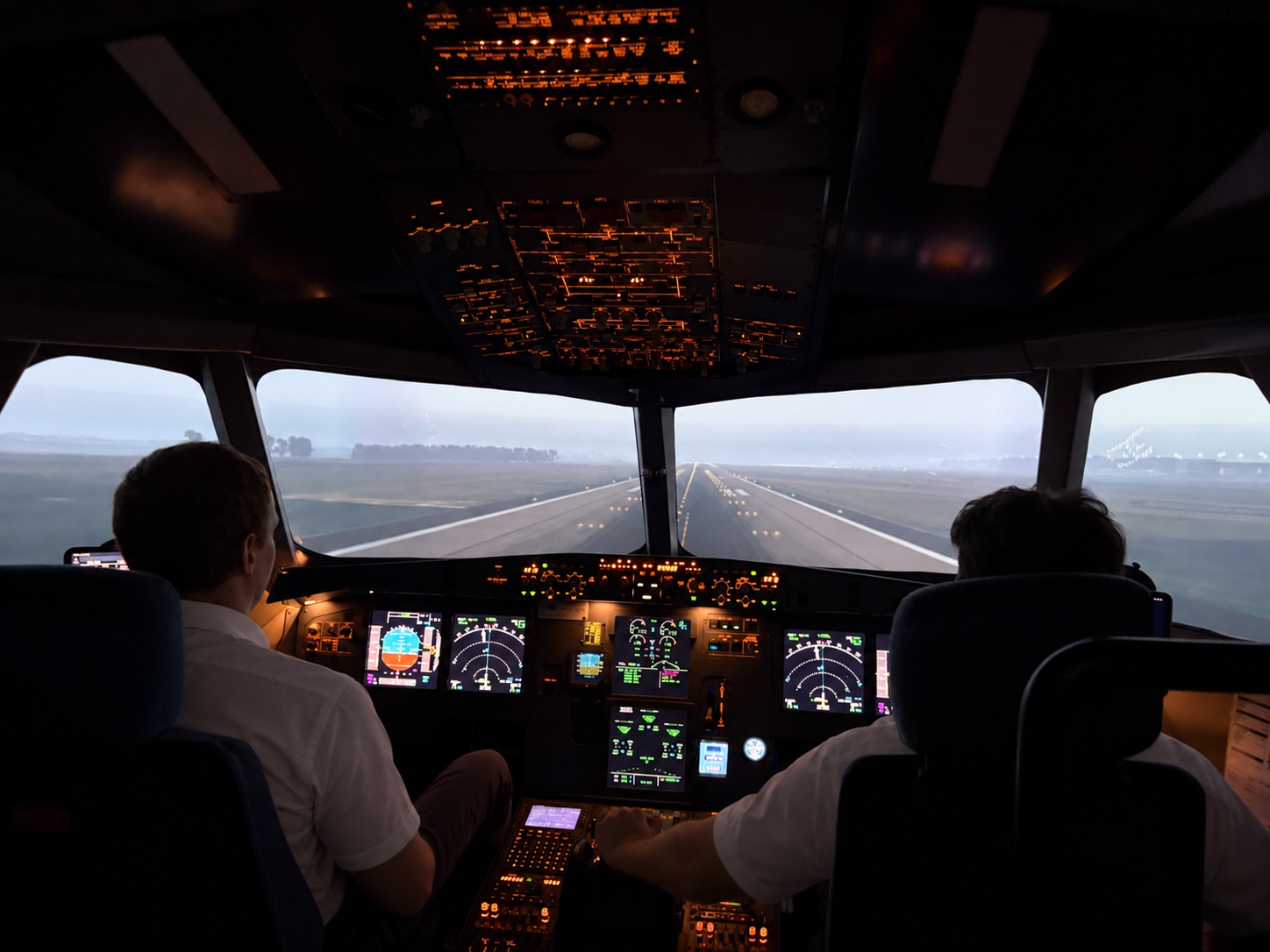 Deux élèves pilotes aux commandes du simulateur A320 d'Iroise Aéro Formation
