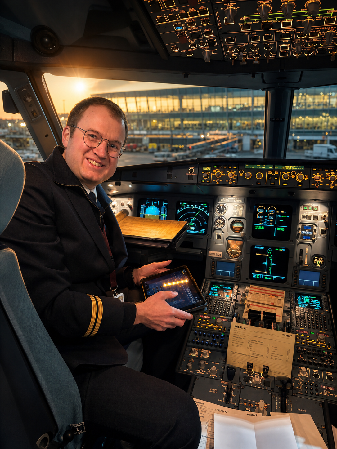 Pilote en uniforme de compagnie au poste de pilotage d'un Airbus A320