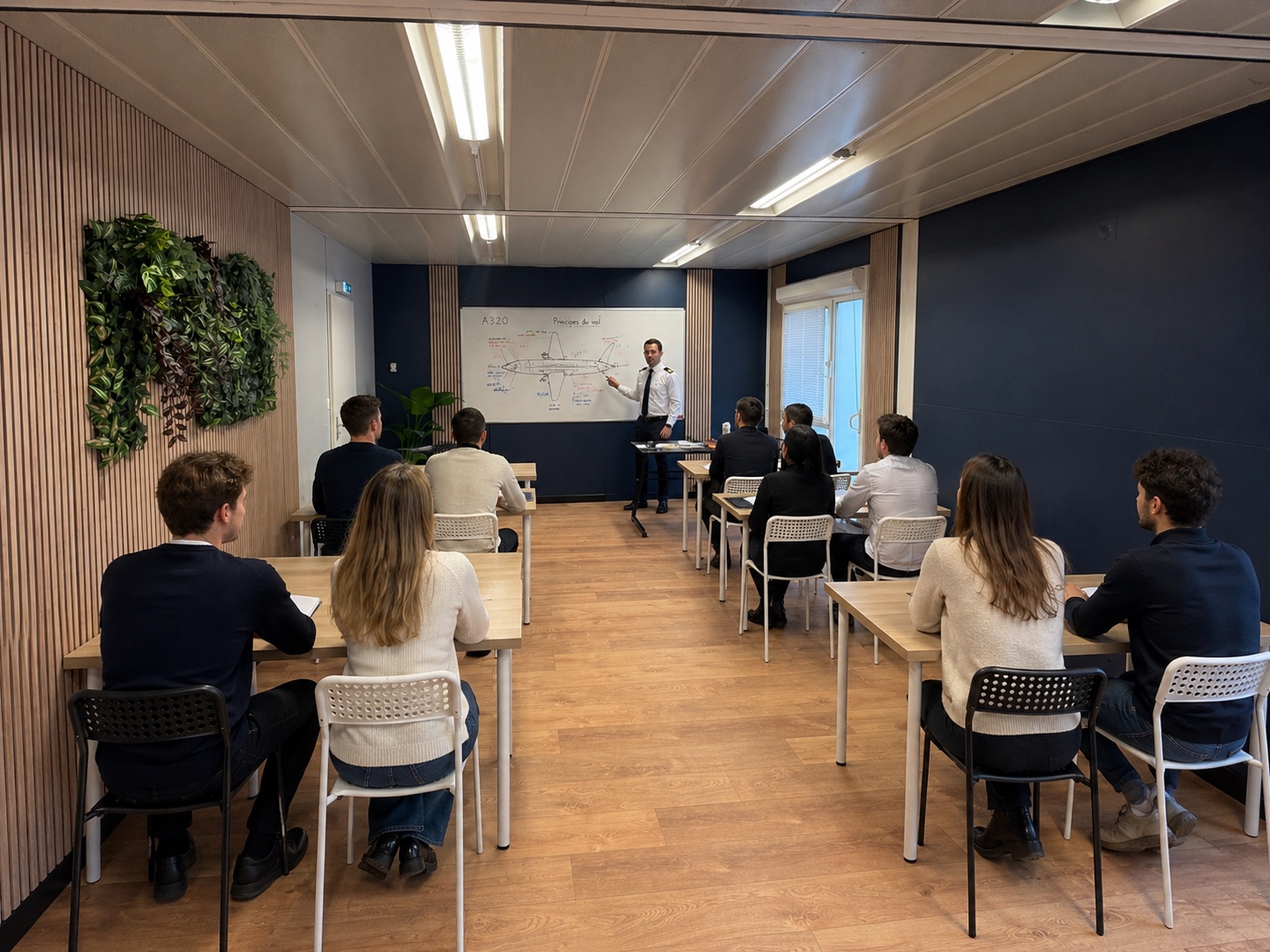 Salle de cours ATPL théorique avec stagiaires et instructeur au tableau
