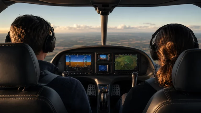 Cockpit d'avion école avec deux pilotes en formation, vue depuis l'arrière, glass cockpit allumé, horizon dégagé