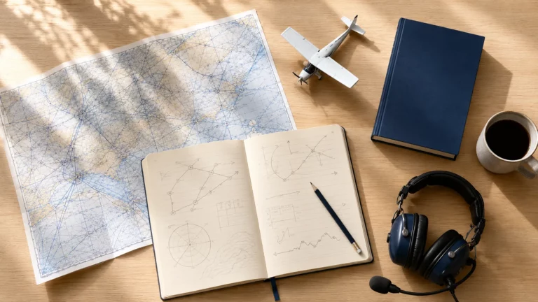 Bureau d'étude avec carte de navigation aéronautique, cahier de notes, modèle réduit d'avion, casque pilote et tasse de café — illustration de l'orientation vers le métier de pilote de ligne